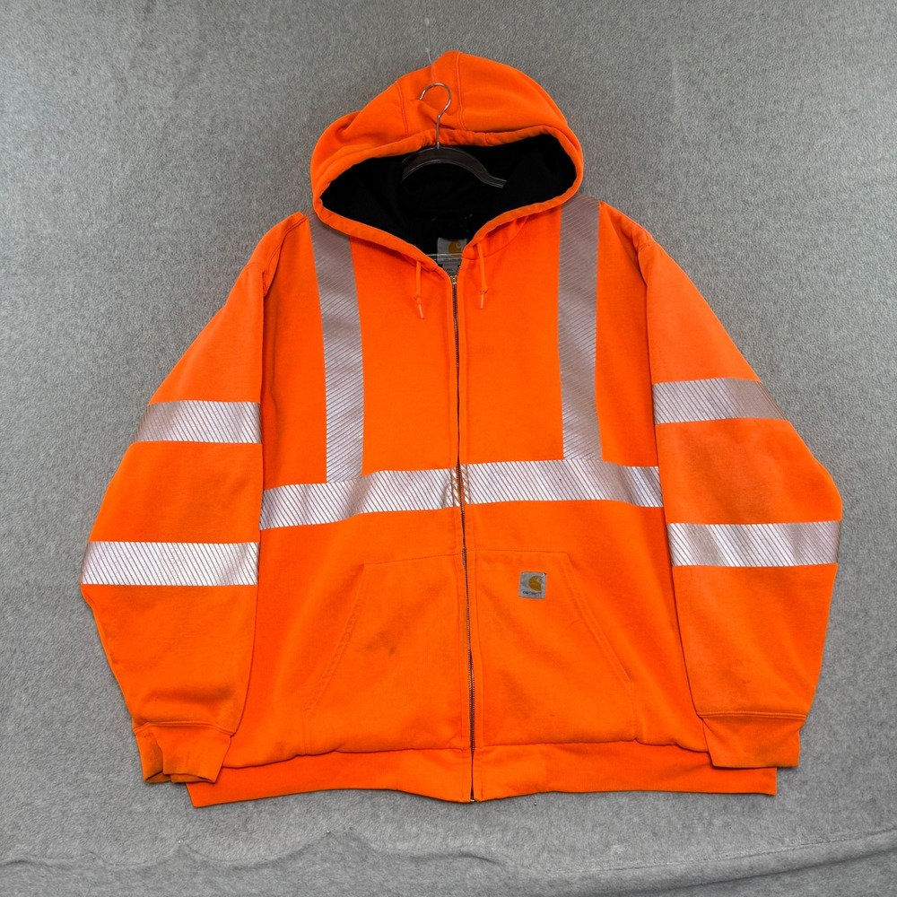 Carhartt High Visibility Hoodie Mens 2XL Orange Reflective Thermal Zip Up